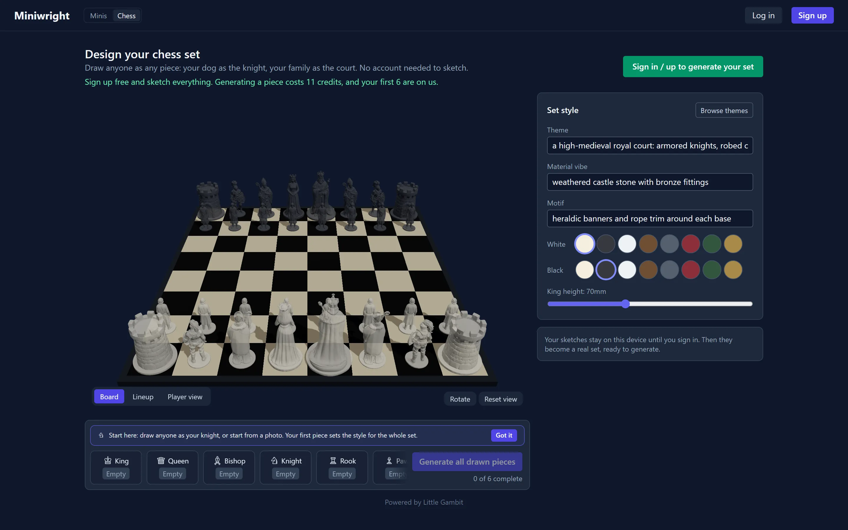 The chess set designer: a live 3D board with two ghost armies, a style card, army colors, and a king height slider