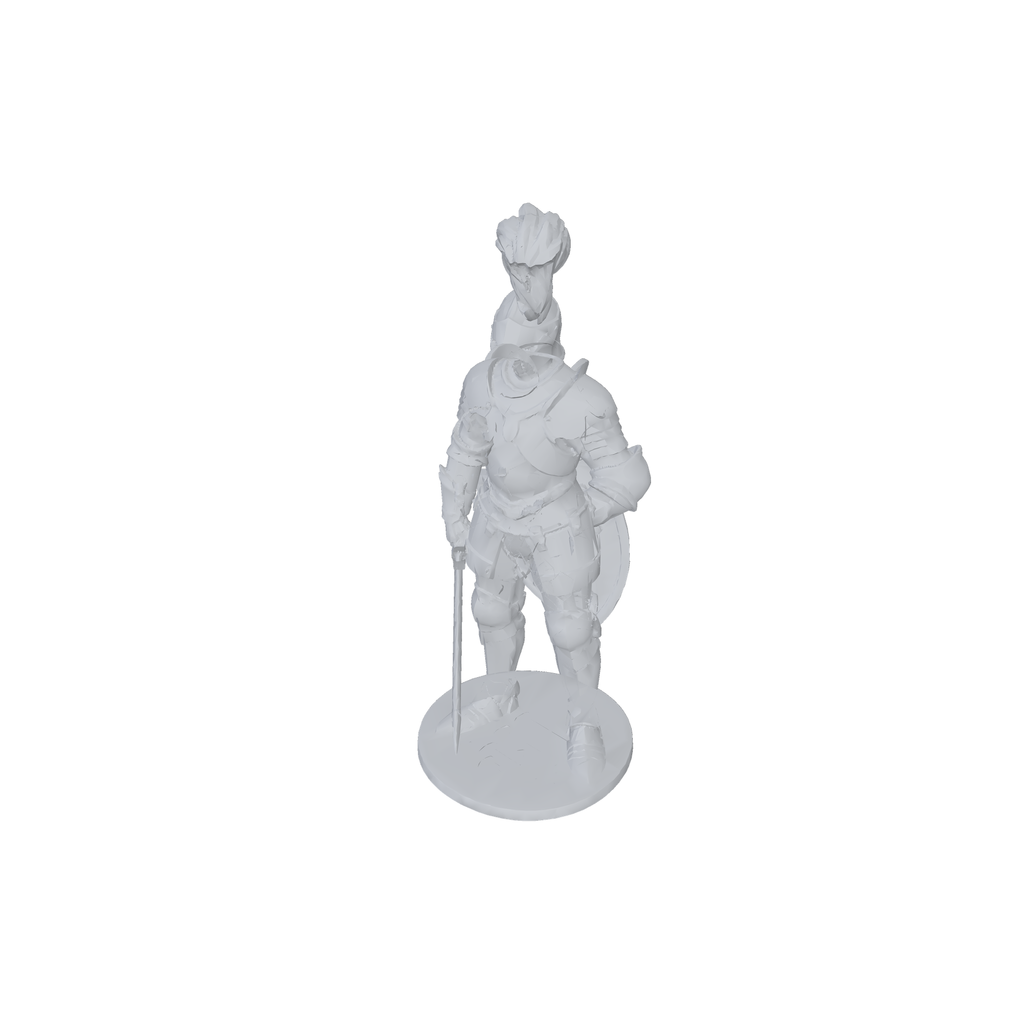 A knight miniature generated by Miniwright, rotatable in 3D, shown as untextured printable geometry